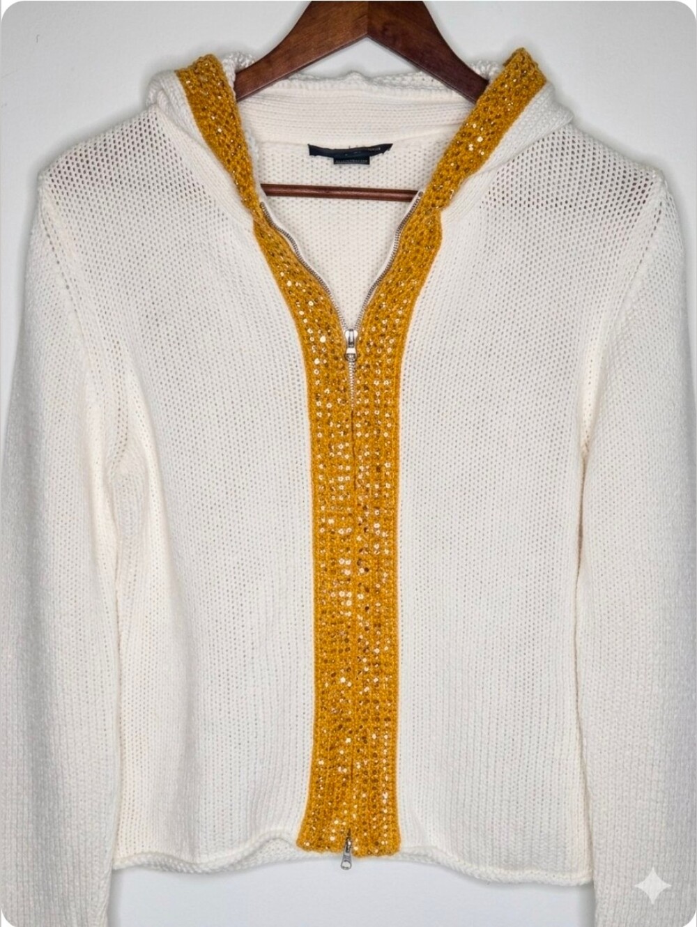 Boston Proper White Knit Full Zip Hoodie Cardigan Sweater Gold Sequin Trim M